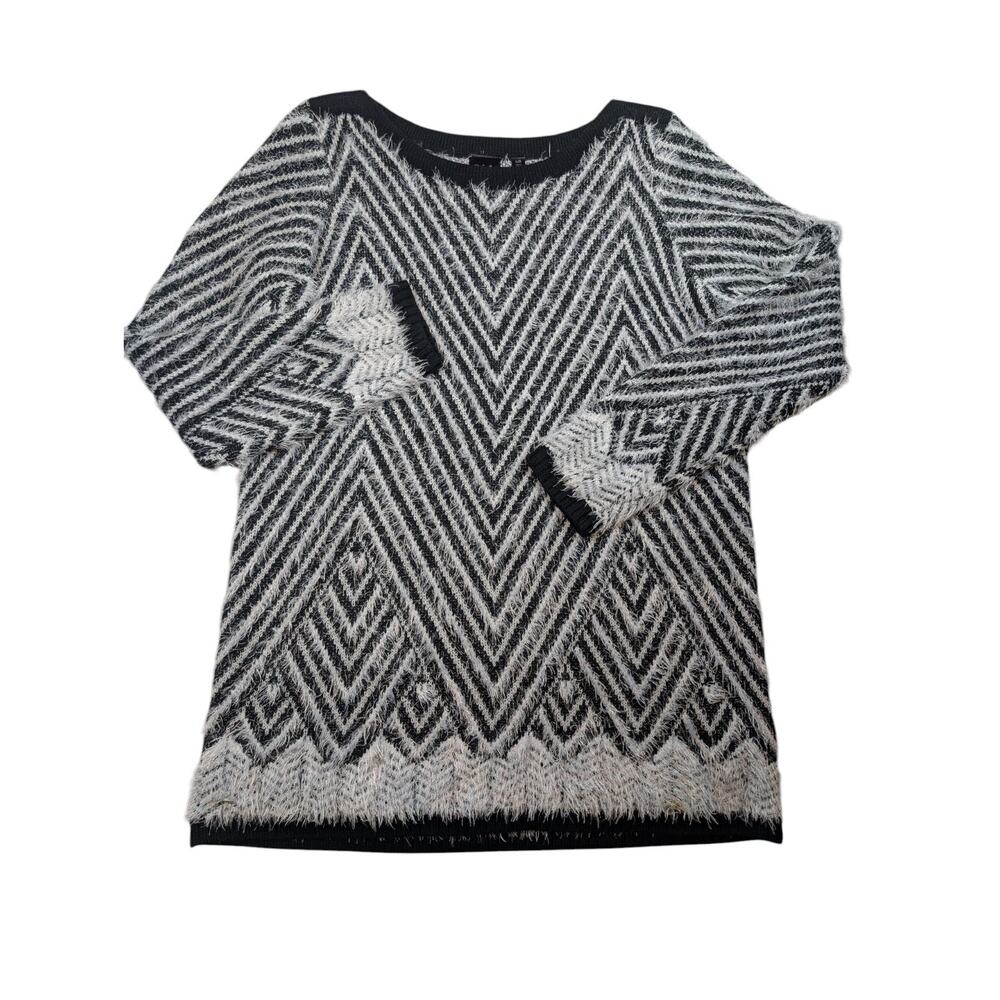 Fuzzy Chevron V Neck Pullover Sweater Black White Cozy Texture Womens XL Soft